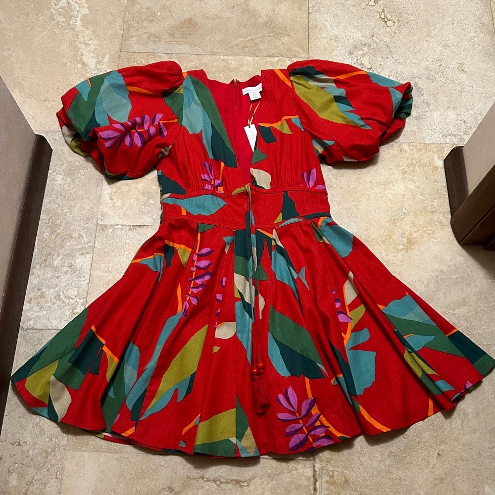 House of Harlow 1960 Linen Blend Red Floral Puff Sleeves Dress,  Size 6 - Picture 16 of 16